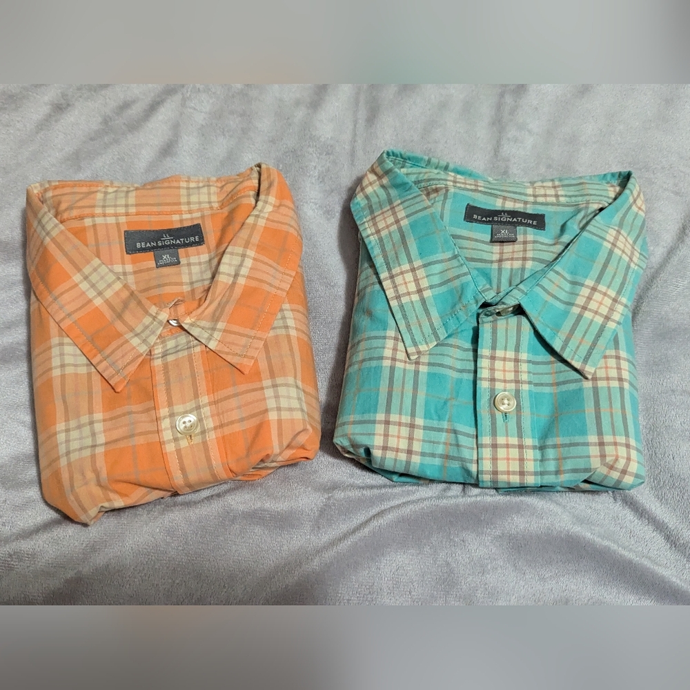 2 Men's LL Bean Signature Men's Dress Plaid Shirts - Orange and Teal